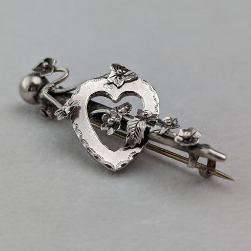 1900 British Antique Sterling Silver Open Heart & Plant Brooch Barker Brothers